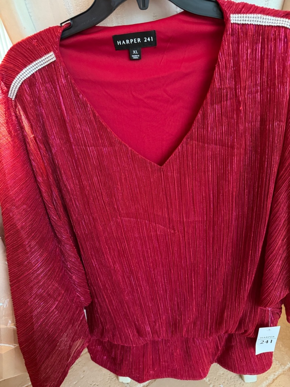 Harper Red Metallic Pleated V-Neck Tunic with Shoulder Rhinestones